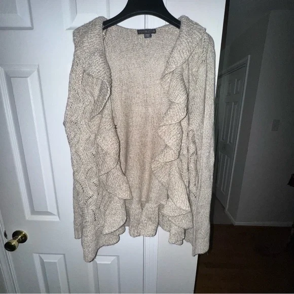Covington Women's XL Open Front Ruffle Cardigan Oatmeal Beige Metallic Knit