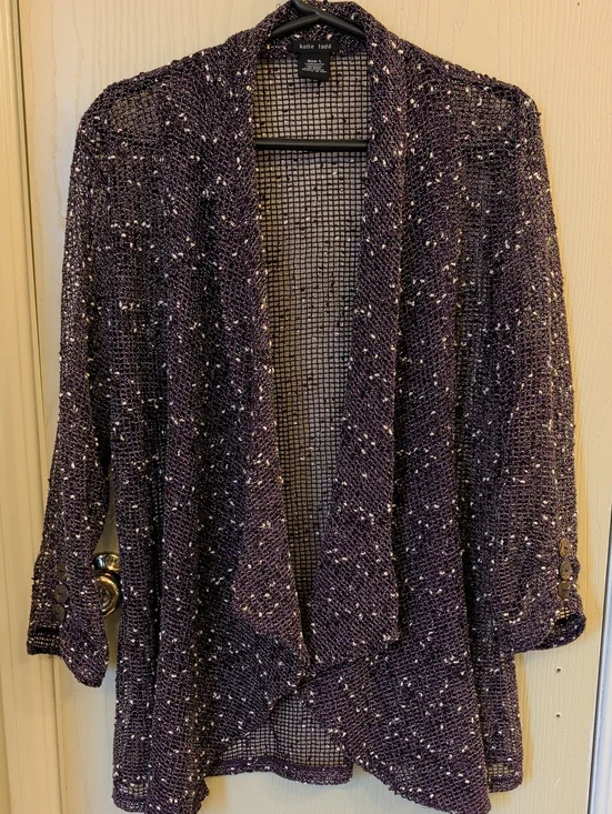 Katie Todd Purple Open-Knit Cardigan | Lightweight Textured Layering Sweater | L