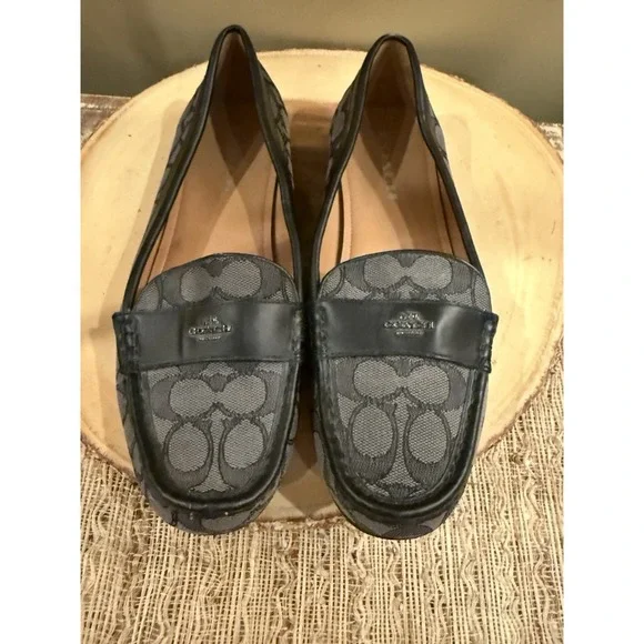 COACH Odette Classic‎ Coach Canvas Leather Logo Monogram Black Flats Loafers 9.5