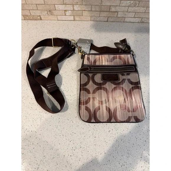 Coach Sutton Signature‎ Swingpack Khaki Jacquard Mahogany Leather Bag