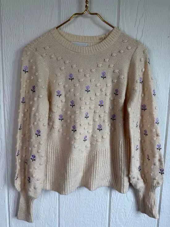 Vintage Cream Floral Embroidered Bobble Knit Sweater Cottagecore S