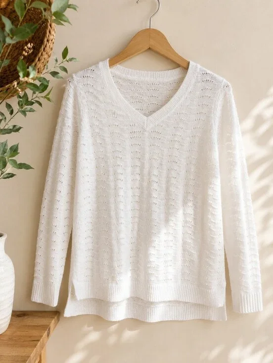 Talbots Petite Small White Pointelle Knit Sweater Cotton Blend V-Neck