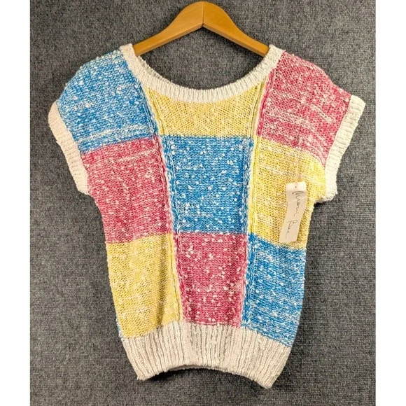 Vintage Naomi Bee Ramie Cotton Color Block Knit Sweater Top Women's M 80