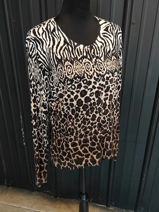 Charter Club Black and Brown Animal-Print Button Up Cardigan Sweater