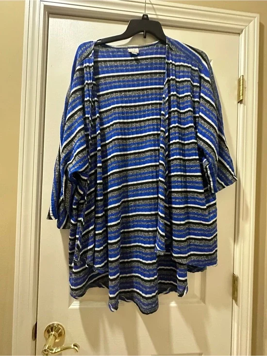 LuLaRoe Blue Black White Striped Open Cardigan