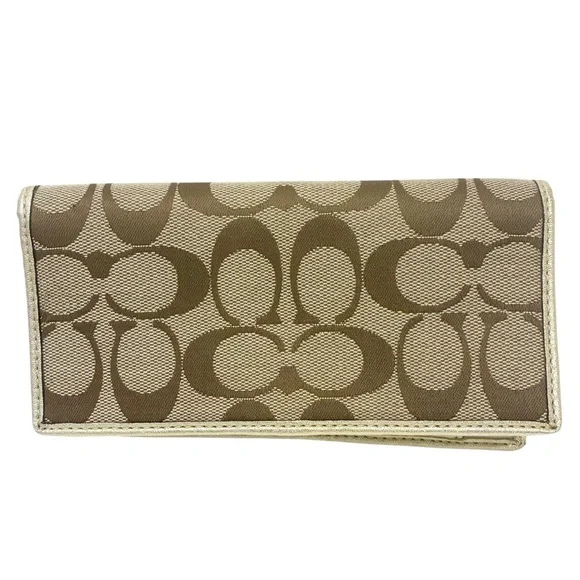 Coach Khaki Brown Gold Signature Cavas Logo Designer Wallet Checkbook Holder‎