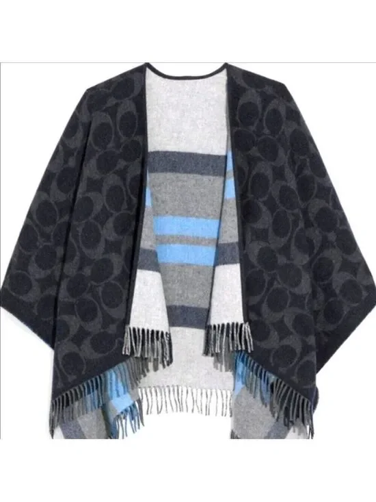 COACH REVERSIBLE WOOL PONCHO SIGNATURE LOGO CAPE IN MIDNIGHT NAVY - RARE & NEW!