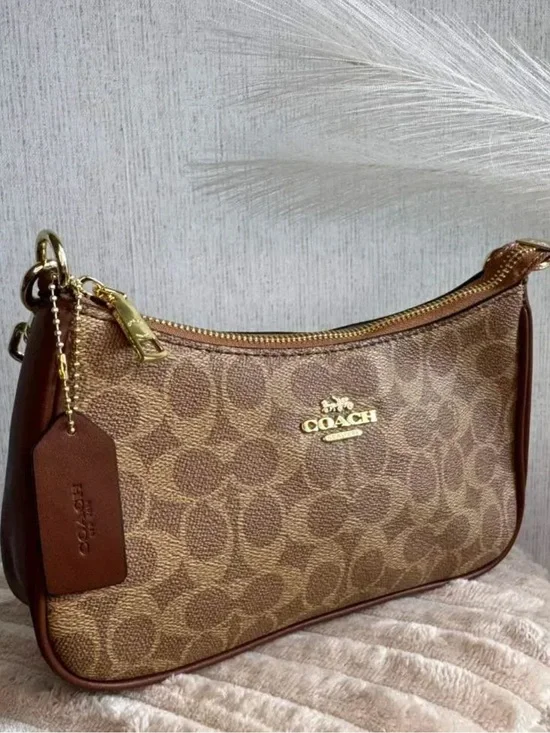 Coach Brown Signature Monogram Shoulder Bag with Gold Hardware