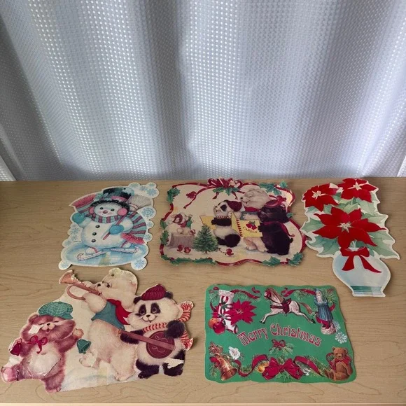 Vintage Eureka & Personality Bears Cardboard Die-Cut Christmas Decoration Lot
