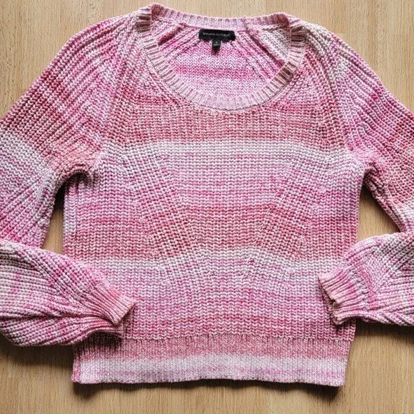 Banana Republic Women Crop Knit Ribbed Sweater Pink Cotton Blend Crewneck‎ Small