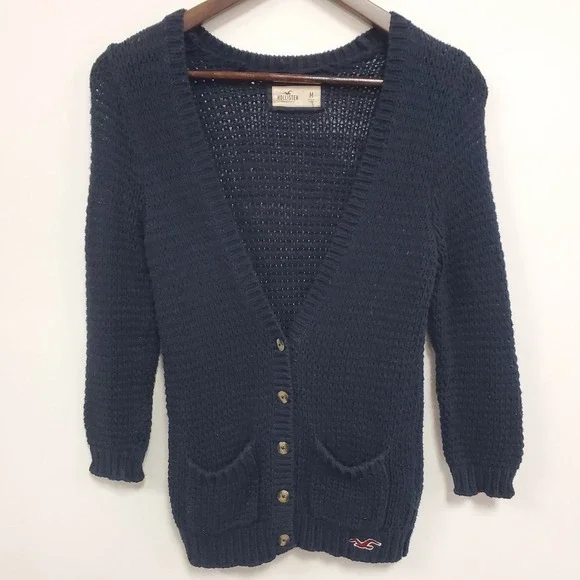 Hollister Womens Y2K Button Up Cardigan Size M Blue Logo Preppy 90S Layers Cozy‎