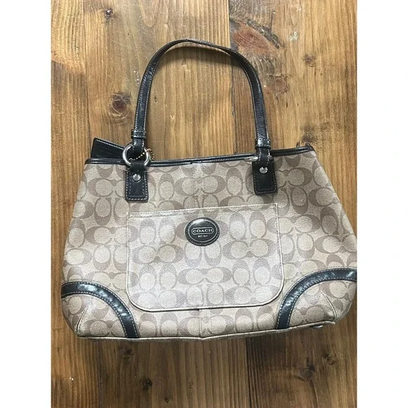 COACH Heritage Signature Shopper F18923 Khaki Mahogany Dark Brown Trim Tote Bag