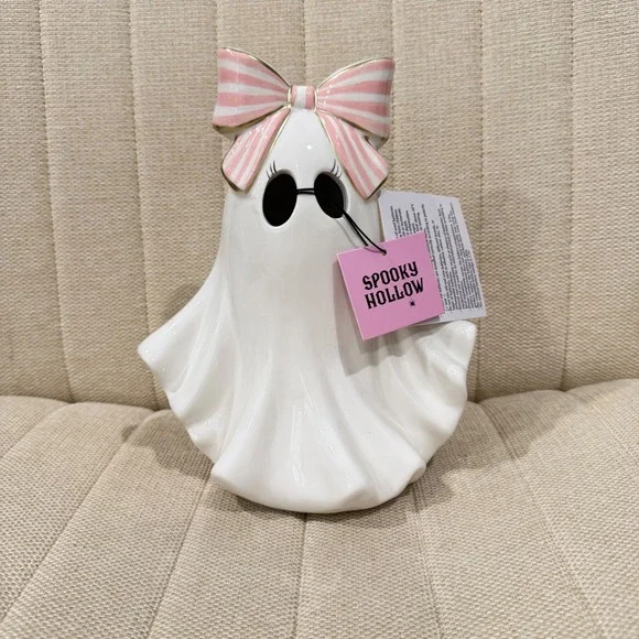NWT LED Spooky Hollow Ghost Halloween Figurine Ceramic Light Up Stripe Bow Decor