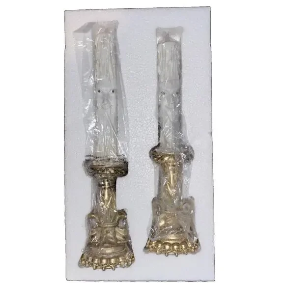Moonlight Manor LED Lighted Halloween Candle Stick Set w Faces Gold Skull Base