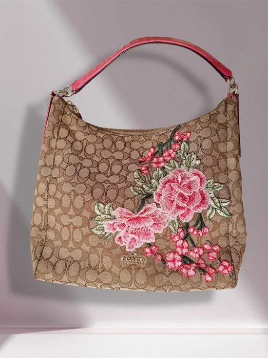 Custom Coach Signature Hobo with Pink Floral Appliqué