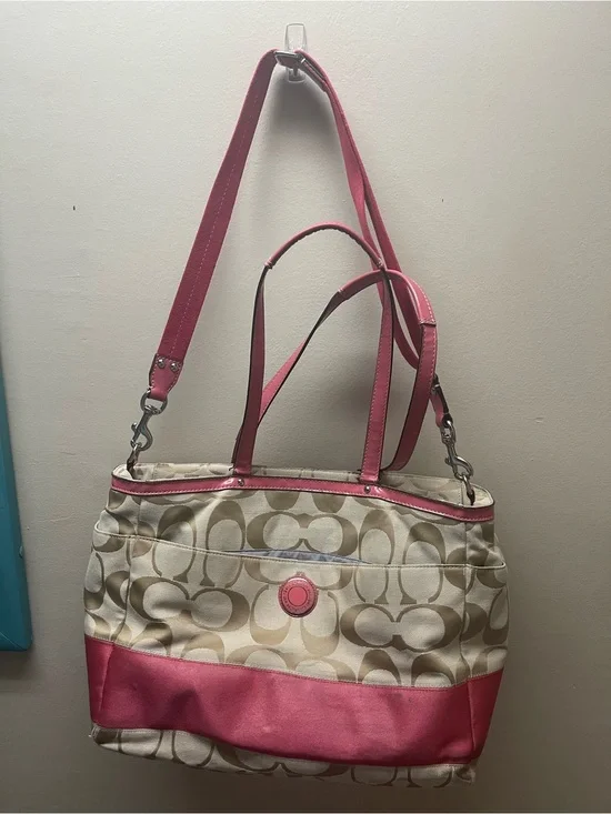 Coach Beige Signature Canvas Tote with Pink Leather Trim
