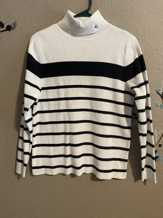 Lauren Ralph Lauren White  & Black Striped Turtleneck Sweater L/XL 1X Cotton