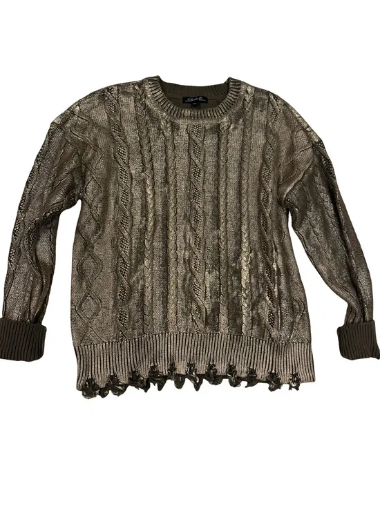 CHARLIE B Metallic Taupe Cable Knit Crew Sweater