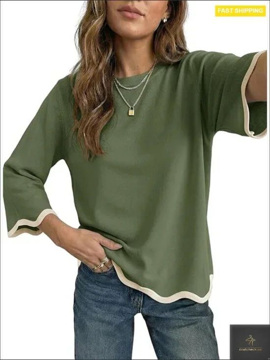 Wool Blend Sweater Crewneck 3/4 Sleeve Ruffle Trim Casual Knit Pullover Top