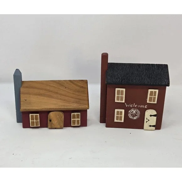 Primitive Folk Art Wood Saltbox House Pair Handpainted Country Welcome Decor