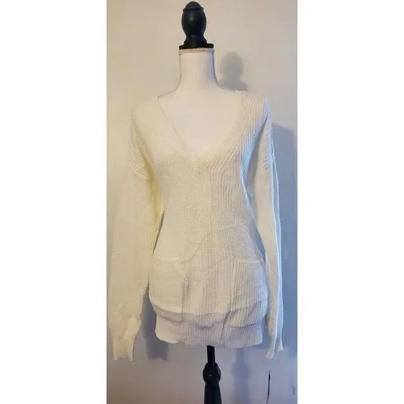 Rachel Roy V-neck Knit Pullover w/ Pockets M Ivory