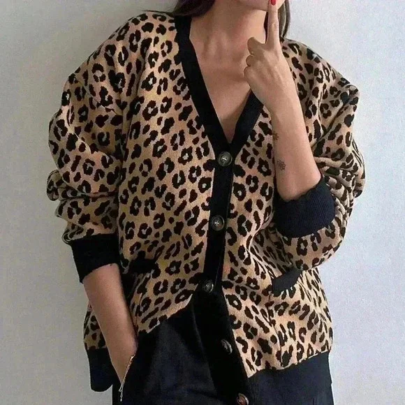 Brown Casual Women's Loose Fit Leopard Print Open Front Cardigan