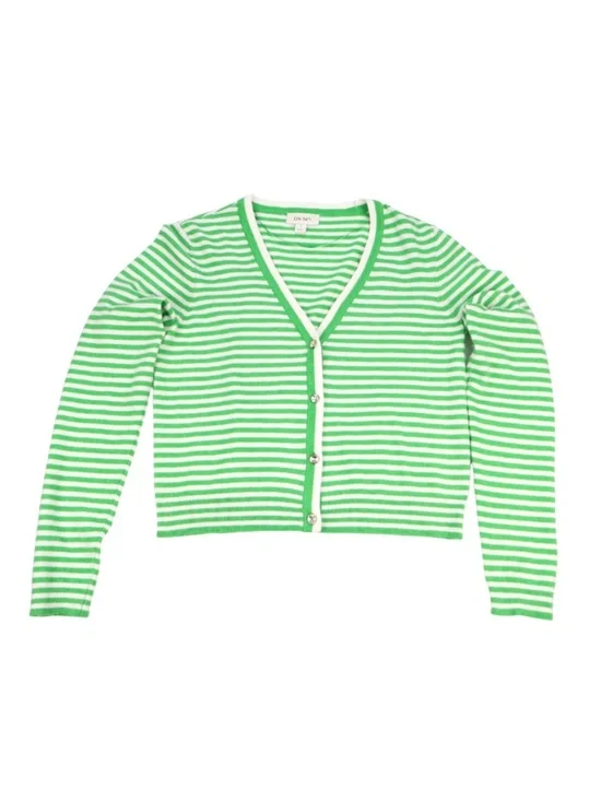 ON 34th Green White Stripe Cardigan Small Soft Cropped Sweater