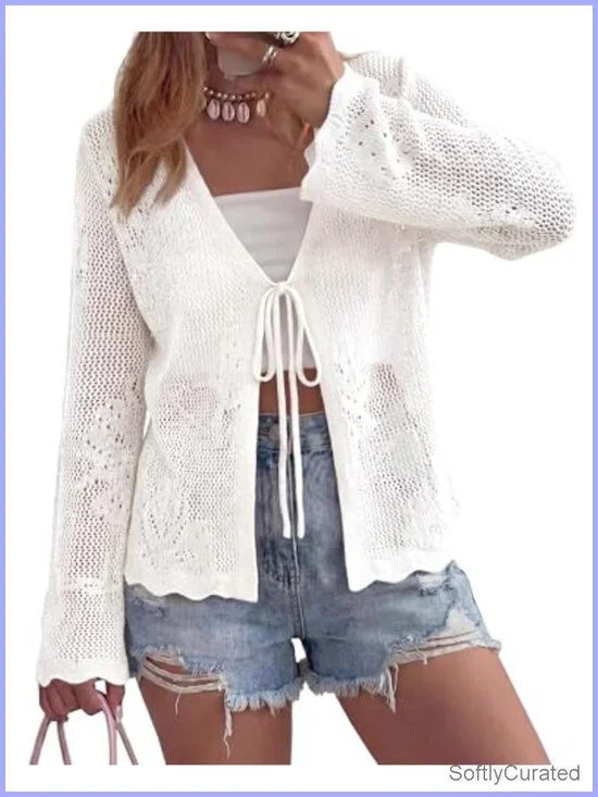 Lightweight Crochet Hollow Out Long Sleeve Tie Front Cardigan