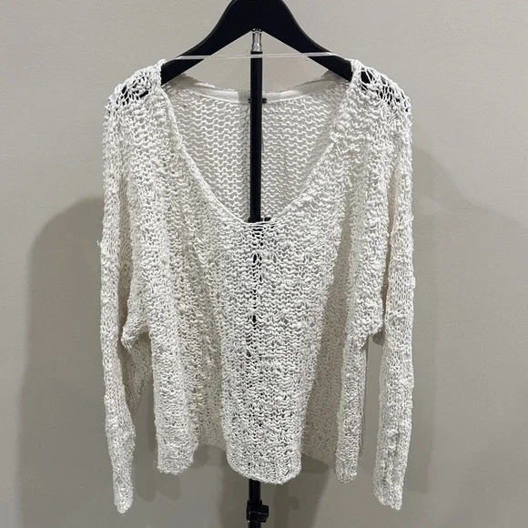 Free People Open Knit V-Neck Lightweight Sweater in Ivory