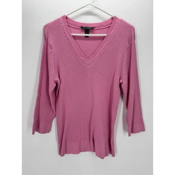 Lauren Ralph Lauren 3X Pink Ribbed V Neck Sweater Plus Size Preppy Chic