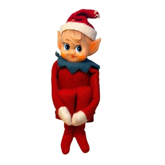 Vintage Christmas Elf Knee Hugger 1960s Red Felt Rubber Face Kitsch Decor
