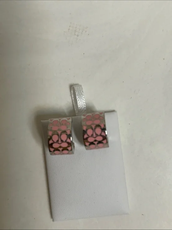 Coach Silver-Tone Hoop Earrings with Pink Signature Pattern