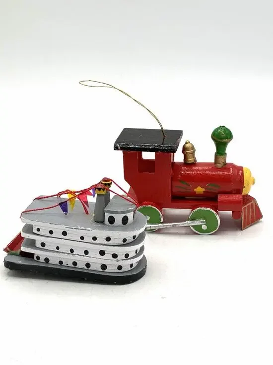 Vintage Wooden Christmas Ornaments Lot Train and Cincinnati Tall Stacks Boat