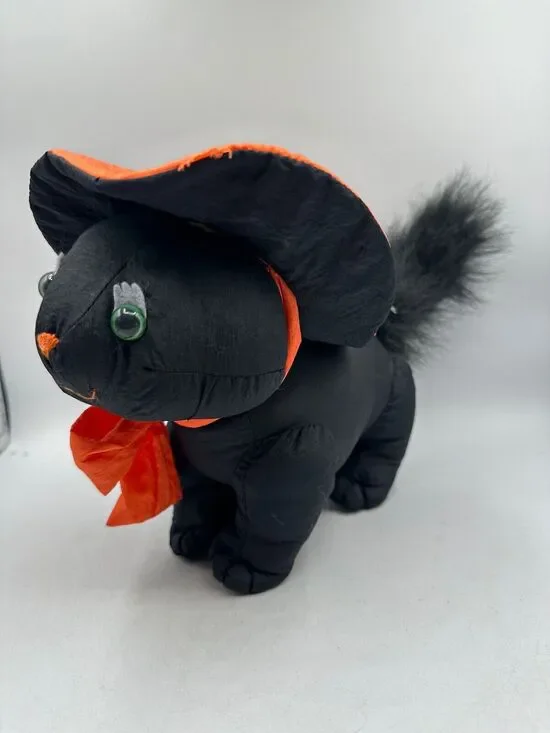Vtg Halloween Black Cat Puffy Nylon Stuffed Plush 1993 International Silver READ