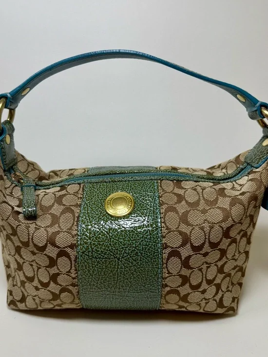 Coach 41066 Signature Jacquard Demi Shoulder Bag Teal Blue Leather Y2K