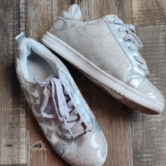 Coach Silver and White Patterned Sneakers, Casual, Size 7.5