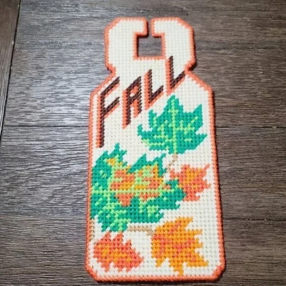Vintage MCM Needlepoint Fall Leaves Plastic Door Hanger Orange Brown Retro