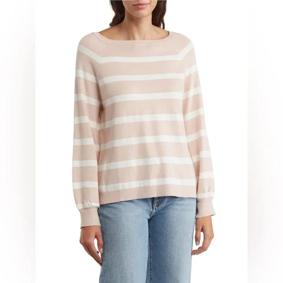 Adrianna Papell Sweater Size XL Pink White Women’s Striped Long Sleeve‎