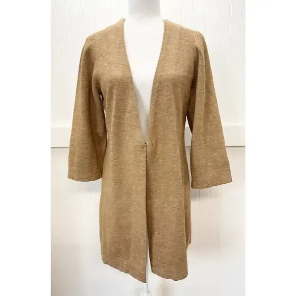 Cardigan Soft Surroundings Large Neutral Brown Long Sweater Wool Blend w/Clasp