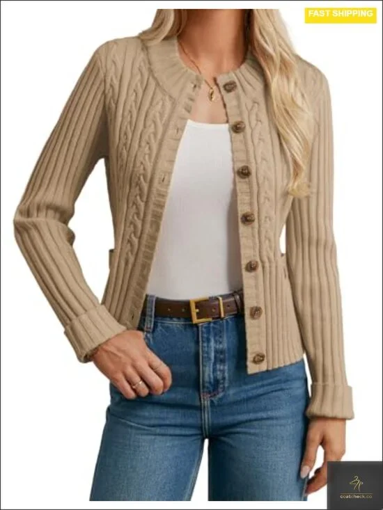 Button Up Cable Knit Cropped Cardigan Sweater Chunky Winter Cardigan