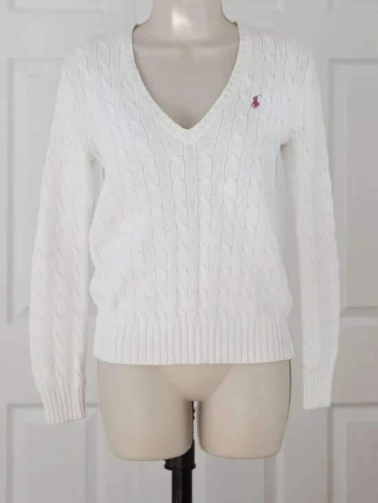 100% Cotton Ralph Lauren Sport White Cable Knit Sweater