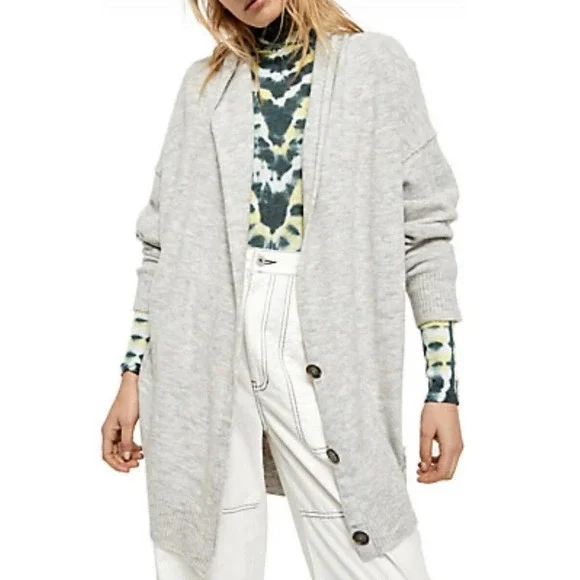 Free People Womens Shawl Collar Button Front Oversized‎ Cardigan Heather Grey S