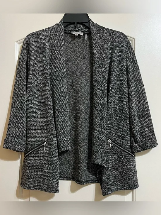 Carol Rose Black Gray White Open Front Knit Cardigan Silver Zip Pockets PETITE L