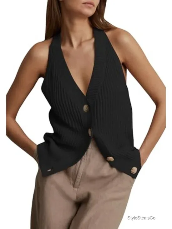 Button-Front Sweater Vest V-Neck Sleeveless Knit Top Layering Cardigan