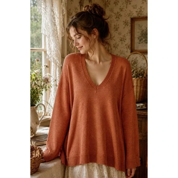 FREE PEOPLE Free-est V Neck Pullover Sweater Orange Knitwear Boho Bohemian Small