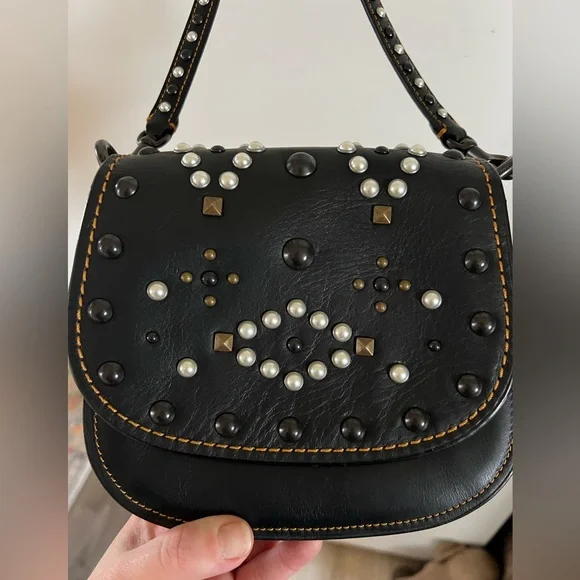Coach VINTAGE Black Leather Crossbody Bag with Studs and‎ Pearls