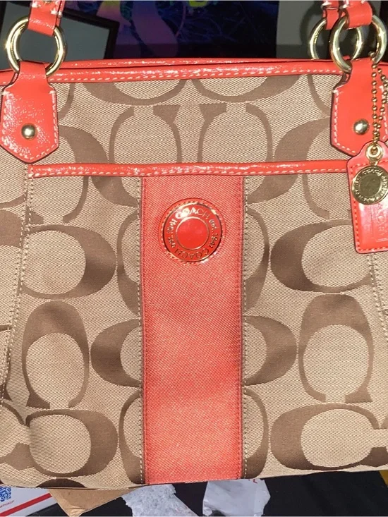 Coach Brown Signature Tote with Coral Trim