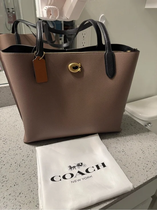 COACH WILLOW TOTE BAG Pebbled Leather Tote in Taupe with Black Trim Coach Willow
