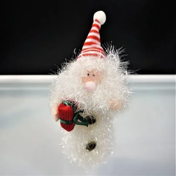 Frosted Snowman Santa Feathered Tinsel Glittery Christmas Ornament