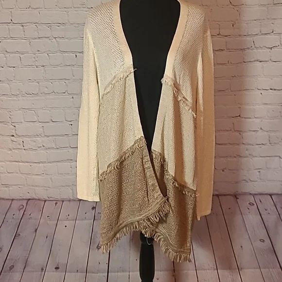 Beige Cream Size Large Neutral Open Front Draped Fringed Cardigan Style & Co